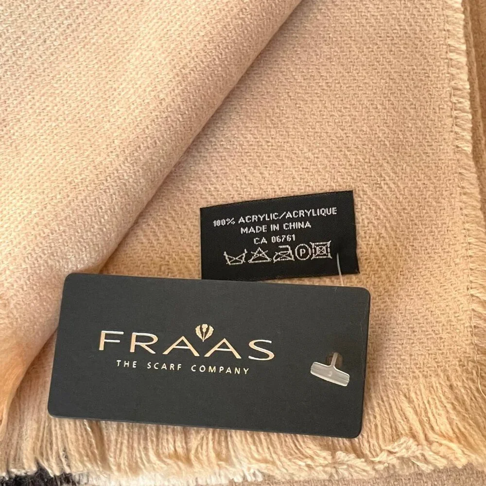 Fraas Plaid Tartan Cashmink Throw Blanket Beige Large Fringe Woven